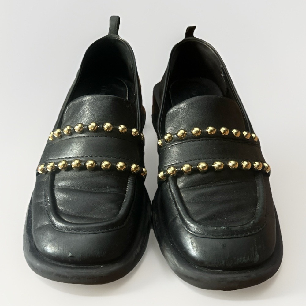Charles & Keith Womens Slip On Square Toe Leather Loafers Black Gold Stud Sz 36